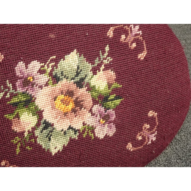 Metal Footstool - Vintage Victorian Style Burgundy Oval Floral Needlepoint Footstool For Sale - Image 7 of 15