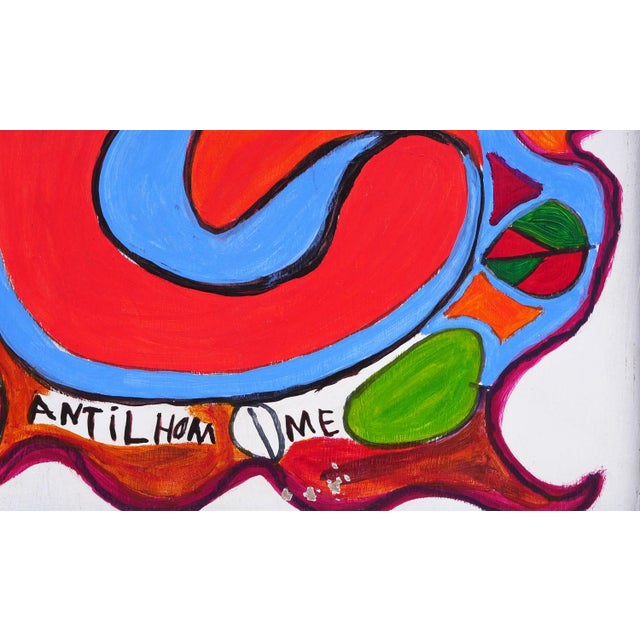 Richard Antilhomme Red & Blue Abstract Figurative Painting with Four Figures and Botanical Elements, Late 20th Century For Sale - Image 4 of 12