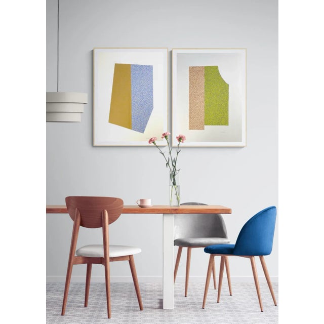 Add color and interest to your contemporary space. Here is an original painting with opposing geometric shapes filled with...