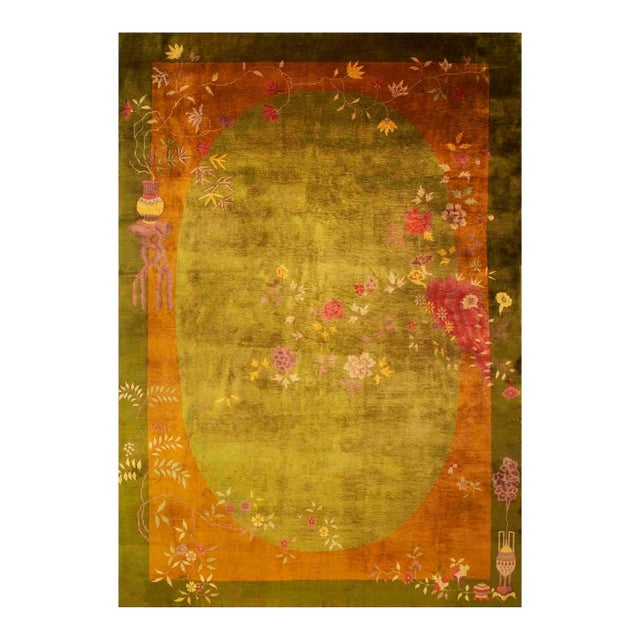 1920s Green Floral Minimalist Knotted Wool Antique Chinese Art Deco Carpet Rug For Sale