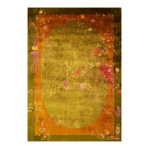 1920s Green Floral Minimalist Knotted Wool Antique Chinese Art Deco Carpet Rug