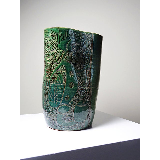 1990s Vintage Handcrafted Blue-Green Pottery Vase from Eseka Pottery, 1990s For Sale - Image 5 of 14