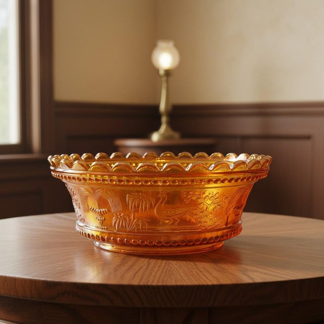 Victorian Antique Northwood Peacock at the Fountain Marigold Carnival Art Glass Berry Bowl For Sale - Image 3 of 11