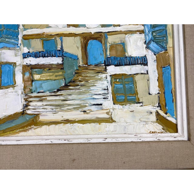 Blue Mid Century Vintage Abstract Impressionist Cityscape Oil on Canvas Painting. For Sale - Image 8 of 13