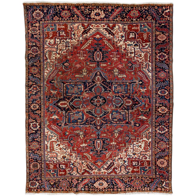 Antique Persian Heriz Handmade Red Wool Rug With Medallion Motif For Sale - Image 11 of 11