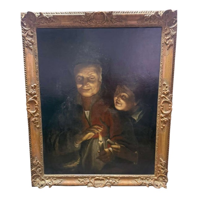 Circle of Sir Peter Paul Rubens, Nocturnal Candlelight Scene with Elderly Woman and Child, Oil on Canvas, 17th Century, Framed For Sale