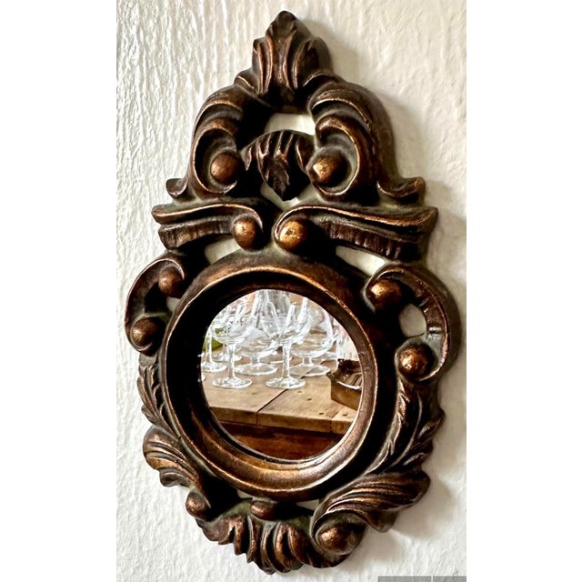 Vintage Venetian Gilded Mirror – Ornate Italian Tole Carved Frame, Petite Accent Mirror For Sale - Image 4 of 8