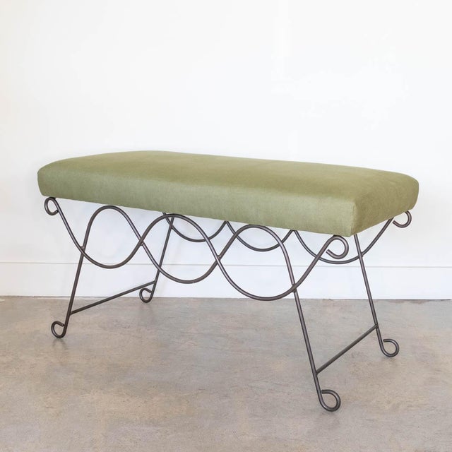 Green Iron Double Loop Bench, Green Linen For Sale - Image 8 of 8