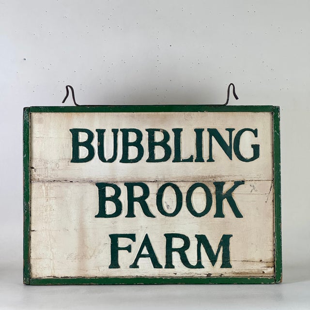 Wood 1930s Joyful Double Sided Wooden Trade Sign Advertising "Bubbling Brook Farm" in Green Paint For Sale - Image 7 of 10