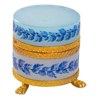 Antique Opaline White and Blue Glass Box Raised on Bronze Feet, France 1890s For Sale