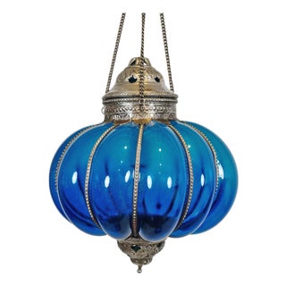 Vintage Turquoise Glass Pumpkin Pendant Light Large For Sale