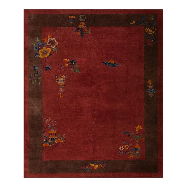1920s Red Burgundy Floral Open Field Antique Chinese Art Deco Wool Rug 8' X 9'9" For Sale