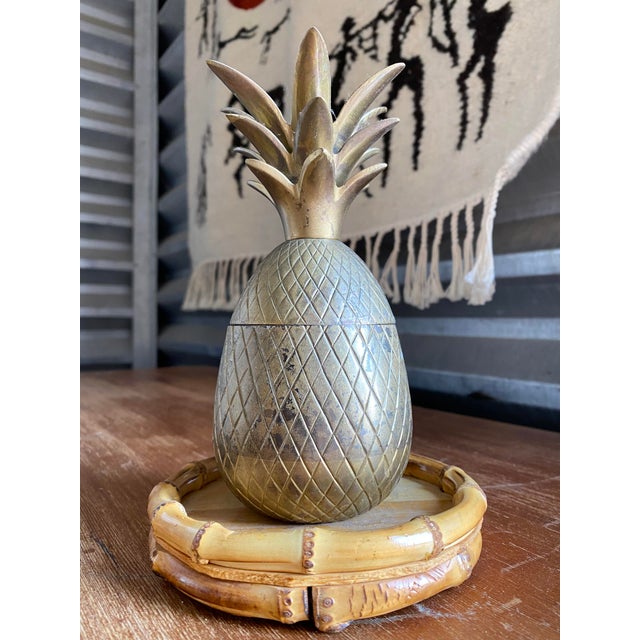 1970s Chinoiserie Chic Brass Pineapple Trinket Box on Bamboo Plateau For Sale - Image 5 of 9
