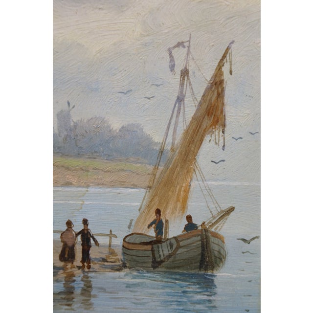 Antique Dutch O Nyvelt Fishing Boat Windmill Landscape Oil Painting on Board For Sale - Image 9 of 14