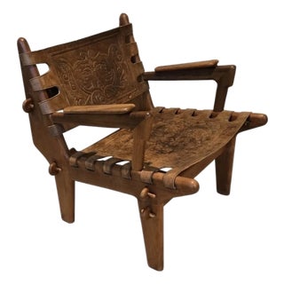Mid-Century Modern Tooled Leather Sling / Safari Lounge Chair by Angel Pazmino, Ecuador, C. 1960s For Sale