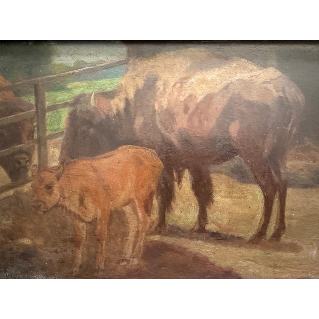A 1900s oil painting on wood of a buffalo and calf by Karl Appel (German, 1866–1937) — the Altona/Hamburg animal painter...