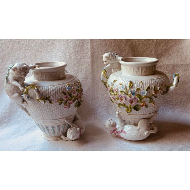 Ceramic Antique European Porcelain Playful Cat Basketweave Vases - A Pair For Sale - Image 7 of 10