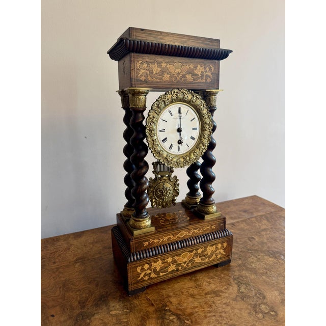 Fine quality antique victorian french portico timepiece, having a quality rosewood and marquetry inlaid case with barley...