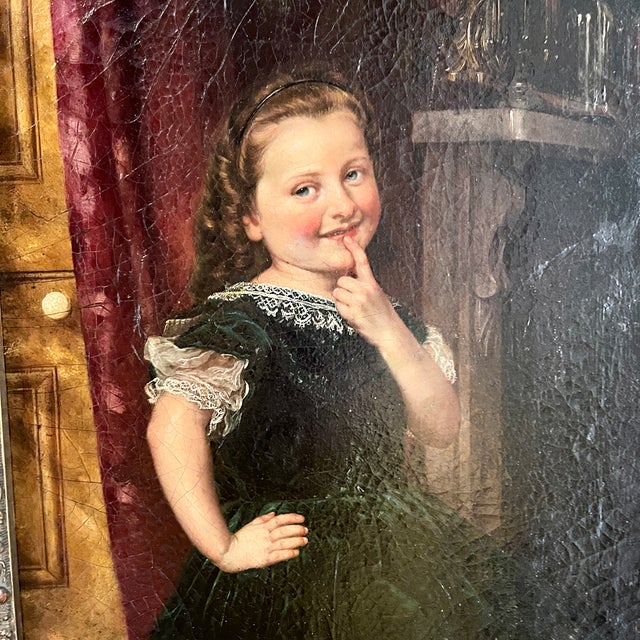 A framed, over-painted Chromolithograph on canvas, a portrait of a young girl, circa 1880 -1890. The original oil painting...