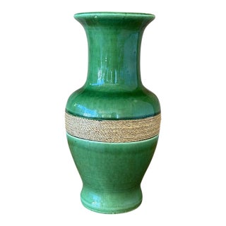 Vintage Green Glazed Ceramic Vase With Natural Fiber Wrap For Sale