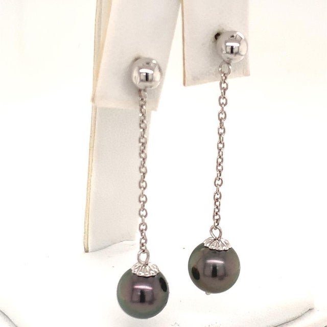 Large 8.6 mm Tahitian Pearl hanging drop earrings with a 1.75 mm drop set in 14k white Gold Earrings Certified $899 013380...