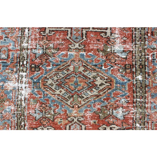 Distressed Antique Persian Karadjeh Rug With Geometric Medallions and Accents For Sale - Image 9 of 13