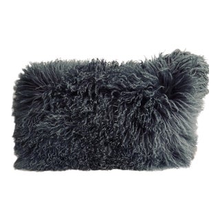 Curly Mongolian Lamb–Style Lumbar Pillow in Teal Blue-Gray For Sale