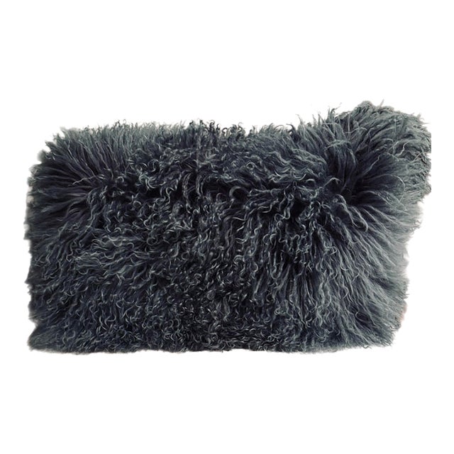 Curly Mongolian Lamb–Style Lumbar Pillow in Teal Blue-Gray For Sale