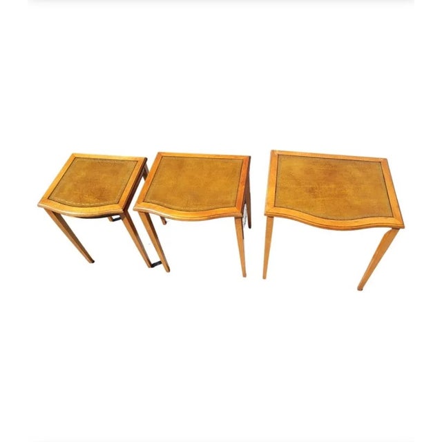 Mid-Century Modern Fruitwood Stenciled Leather Top Nesting Tables, Set of 3 For Sale - Image 4 of 11