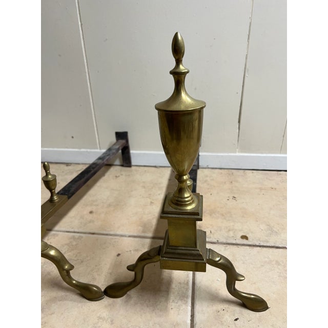 Metal Vintage Pair of Victorian Queen Anne Style Polished Brass Andirons For Sale - Image 7 of 12