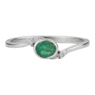 Elegant Oval Emerald & Diamond Bezel-Set Ring in Sterling Silver, Size 7 For Sale