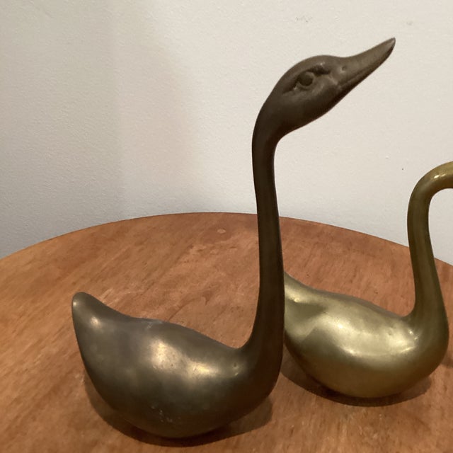 Mid Century Modern Pair of Vintage Solid Brass Swan Figurines For Sale - Image 4 of 12