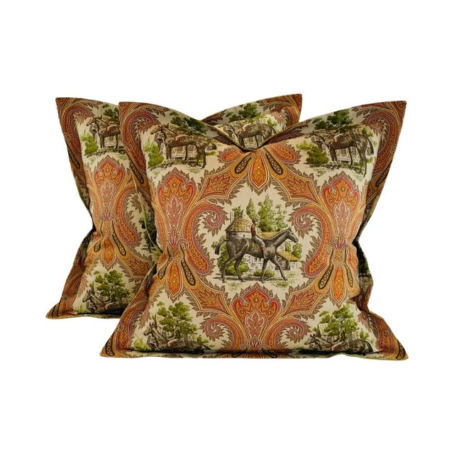Designer P Kaufmann Brown Green Orange Horse Jockey Equestrian Paisley Toile Pillow Covers- Pair 24" For Sale In Jacksonville, FL - Image 6 of 6