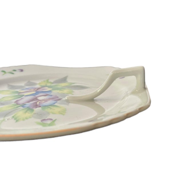 Mid-Century Modern Vintage Lemon Dish – Hand-Painted Finger Plate Occupied Japan – Blue & Purple Floral Nappy With Gold Trim For Sale - Image 3 of 8