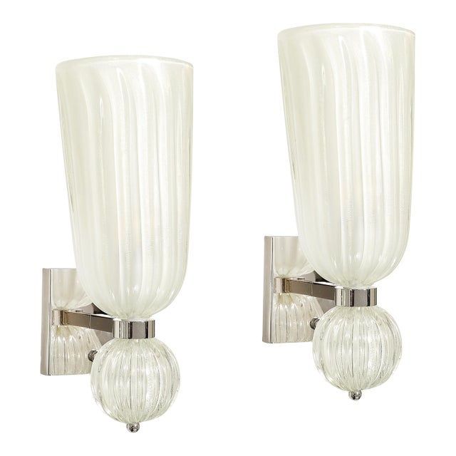 Modernist Hand-Blown Fluted 24k White Gold Fleck Murano Glass & Nickel Sconces For Sale
