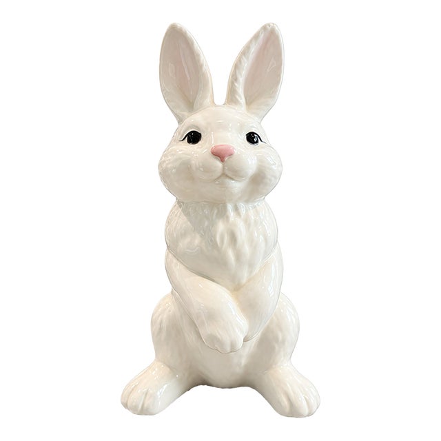 Vintage White Ceramic Bunny Rabbit Figurine With Pink Nose For Sale