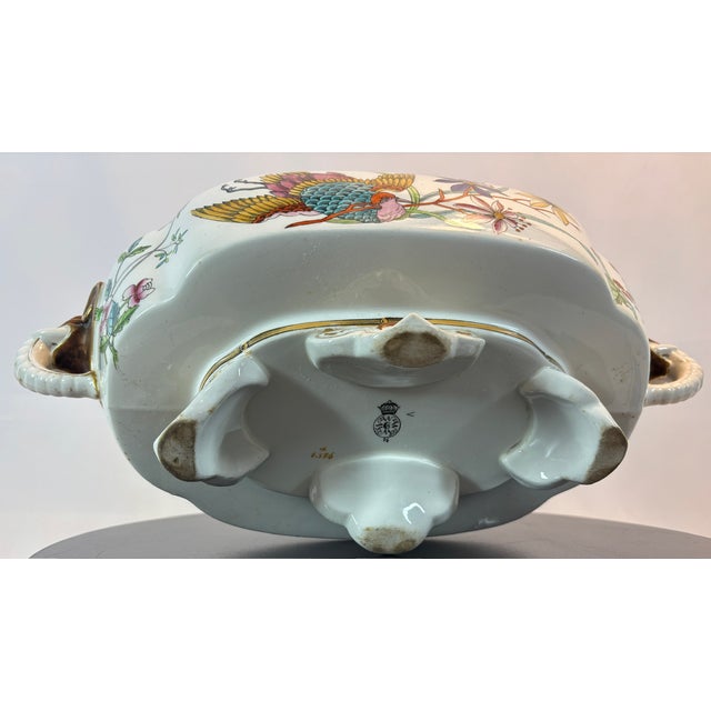Rare Antique Royal Worcester Hand Painted Chinoiserie Porcelain Tureen, Elaborate Elephant Molded Handles & Dragon Head With Chicken Feet Lid Handle For Sale - Image 13 of 15