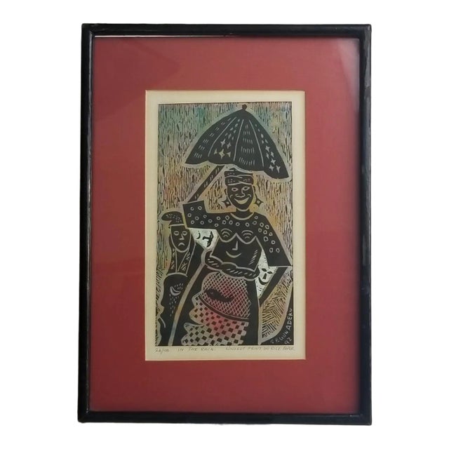 1992 Signed Segun Adeku "In the Rain" Linocut Print on Rice Paper For Sale