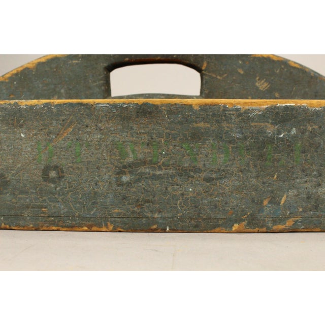 1800's Primitive Painted Pine Wood Tool Caddy Box Gray - Green For Sale - Image 10 of 16