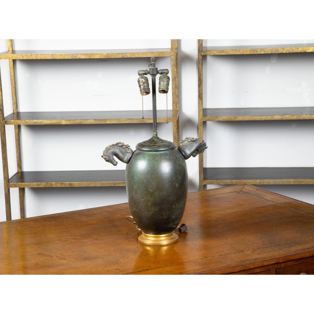 Mid-Century Modern Midcentury English Verdigris Bronze Two-Light Table Lamp with Horse Heads For Sale - Image 3 of 10