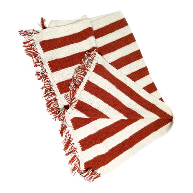Vintage Handmade Crochet Burnt Orange & Cream Striped Throw Blanket For Sale