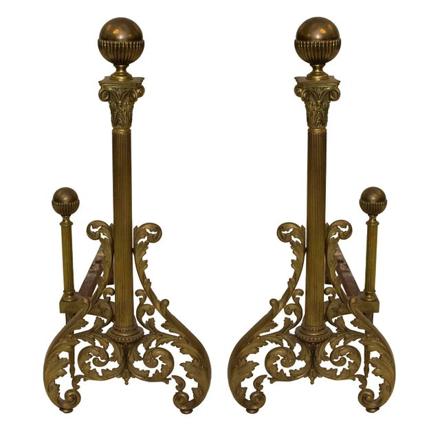 1980s Decorative Vintage Neoclassical-Inspired Brass and Iron Andirons For Sale - Image 5 of 8