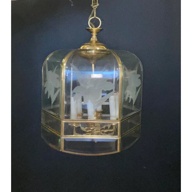 Brass Vintage Art Deco Lucite Waterfall Edge Chandelier With Etched Irises 1980s For Sale - Image 8 of 8