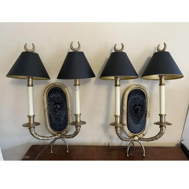 Pair Chapman 1991 Solid Brass Neoclassical Ebony Lions Head Wall Sconces For Sale - Image 13 of 13