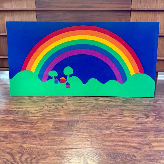 Vintage Modern Sateensaari Rainbow Fabric Screenprint by Tampella Finland 1976 Tampella rainbow printed fabric stretched...