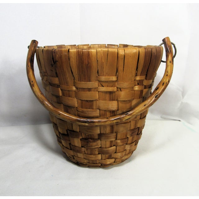 Mid 20th Century Vintage Wood Slat Basket + Bent Wood Stick Handle For Sale - Image 5 of 16