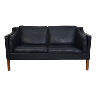 Vintage 2212 Two-Seater Sofa in Black Leather by Børge Mogensen, 1980s For Sale