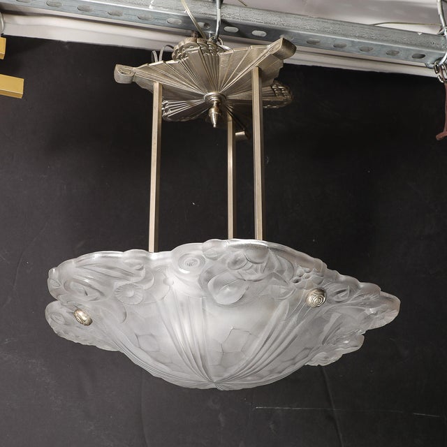 This elegantly detailed Art Deco Molded & Frosted Floral Abstract Cubist Chandelier is Signed Degué and originates from...