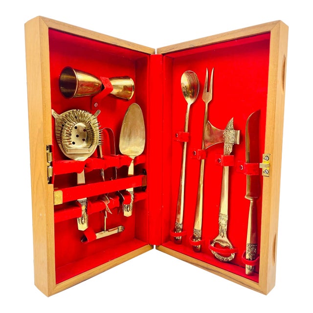 Mid-Century 9-Piece Asian Brass Barstool Set in Original Custom Case For Sale