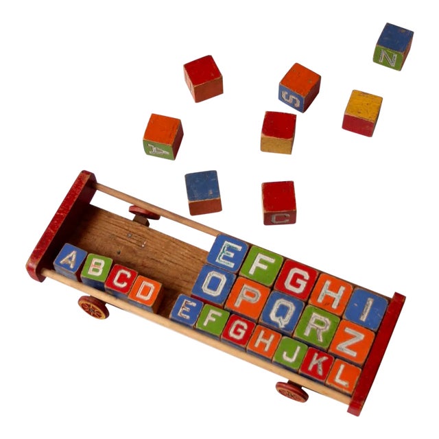 Vintage Halsam Push Toy Cart & Wooden Blocks For Sale